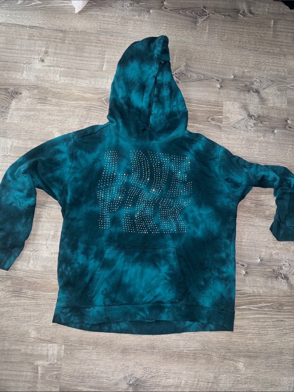 PINK Victoria's Secret Teal Tie-Dye Crewneck Sweatshirt with Rhinestone Logo